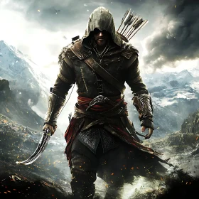 Hooded Warrior in Mountain Landscape