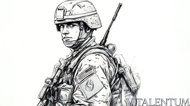 AI ART Monochrome Military Portrait: A Soldier's Sketch