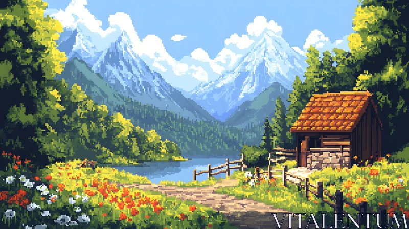 Scenic Mountain Cabin Pixel Art AI Image