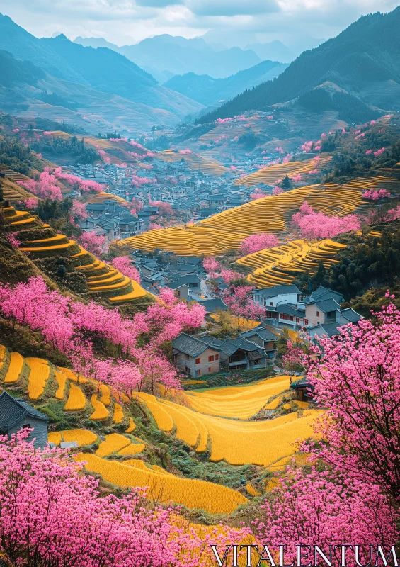 Scenic Valley with Terraced Fields and Blossoms AI Image