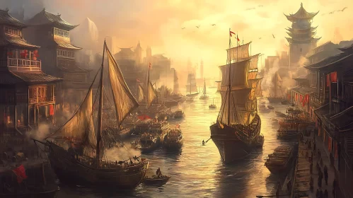 Tranquil Oriental Harbor at Sunset