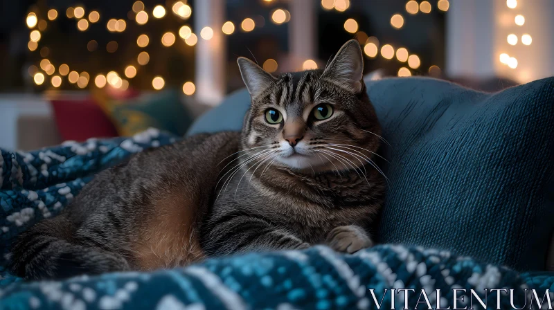 Content Tabby on a Blue Blanket AI Image