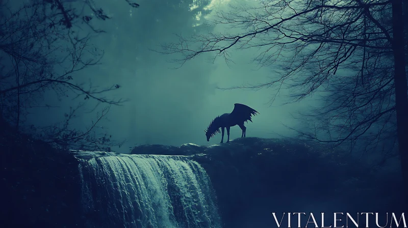 Mystical Pegasus at Forest Waterfall AI Image