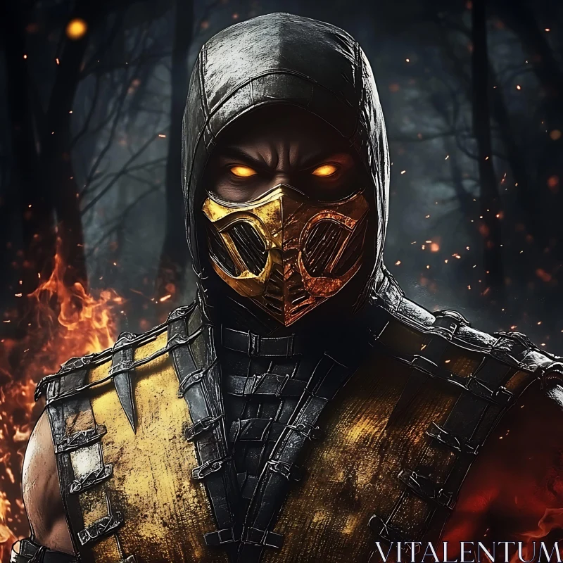 Golden Masked Warrior in Fire AI Image