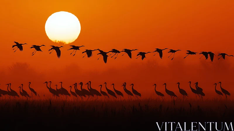 Sunset Flight of Cranes AI Image