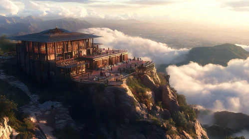 Cliffside Architecture in Misty Mountains