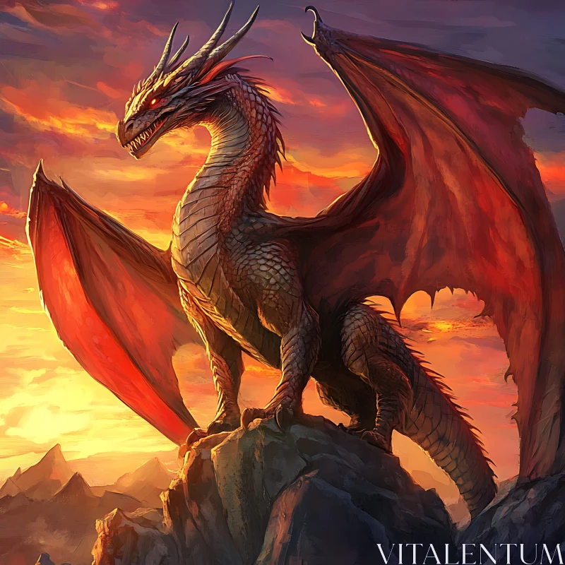 AI ART Sunset Dragon on Rocky Outcrop