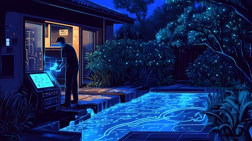 Man Using Futuristic Interface by Pool