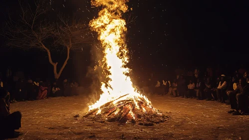 Large Nighttime Bonfire Gathering