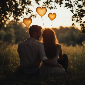 Couple in Field with Heart Balloons