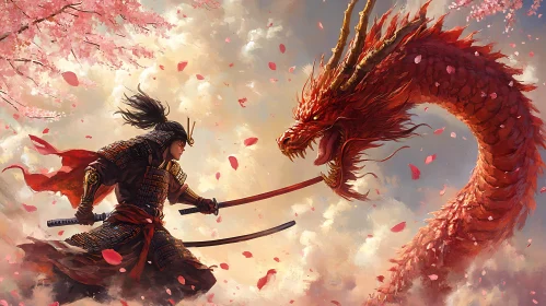 Warrior Confronts Dragon in Cherry Blossom Storm