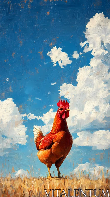 AI ART Rooster Painting with Blue Sky and Clouds