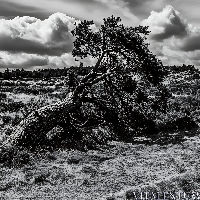 Leaning Tree in Monochrome Landscape AI Image