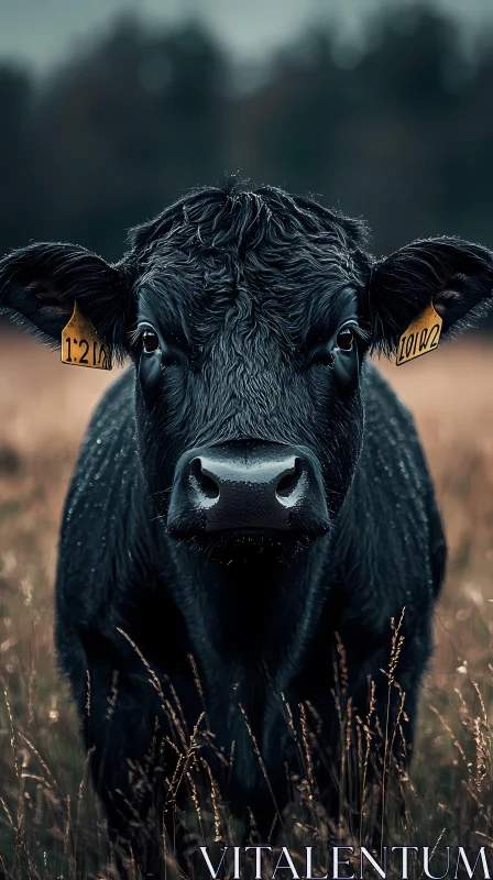 Black Cow in Field Close-Up AI Image