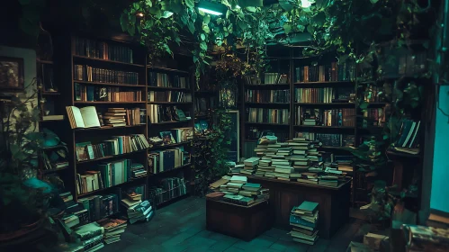 Indoor Library with Plants and Books