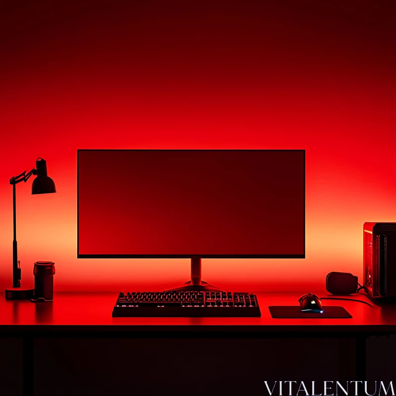 AI ART Sleek Computer Setup with Red Background