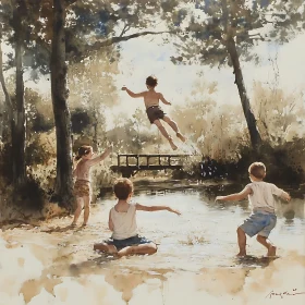 Watercolor River Fun: A Childhood Summer