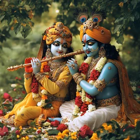 Krishna Playing Flute in Rose Garden