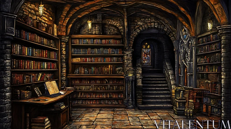 AI ART Old Library Interior with Bookshelves