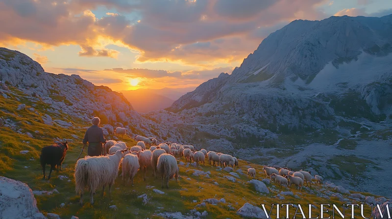 Sheep Grazing at Sunset in the Mountains AI Image