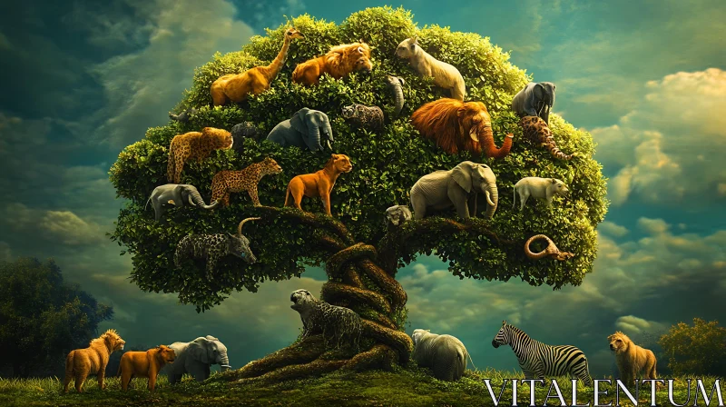 AI ART Wildlife in Harmony: Animals Resting on a Majestic Tree