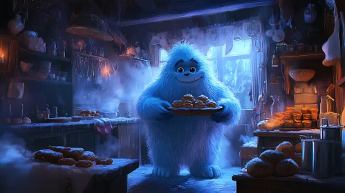 Friendly Yeti Baking Cookies in Winter