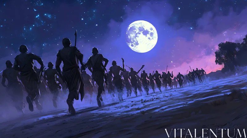 AI ART Silhouetted Warriors Running Under Moonlight