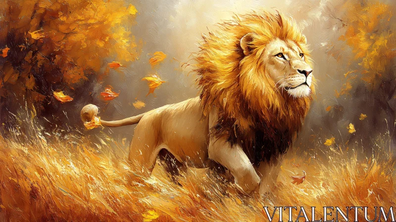 AI ART Regal Lion Striding Through Fall