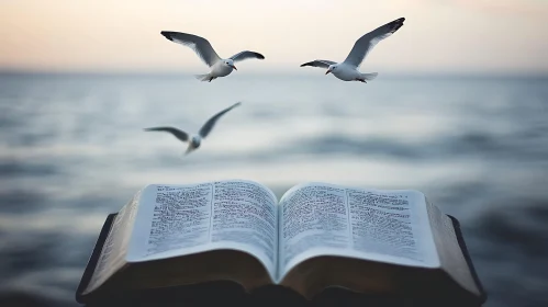 Tranquil Scene of Seagulls and Open Book