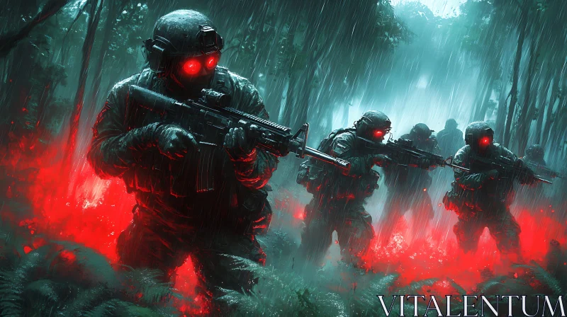 Military Squad in Rainy Forest AI Image