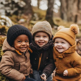 Three Smiling Kids in Autumn Forest