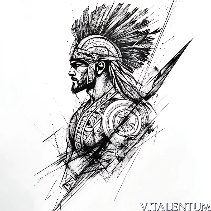 Monochrome Warrior Sketch with Helmet AI Image