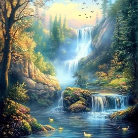 Serene Multi-Tiered Waterfall in Vibrant Forest