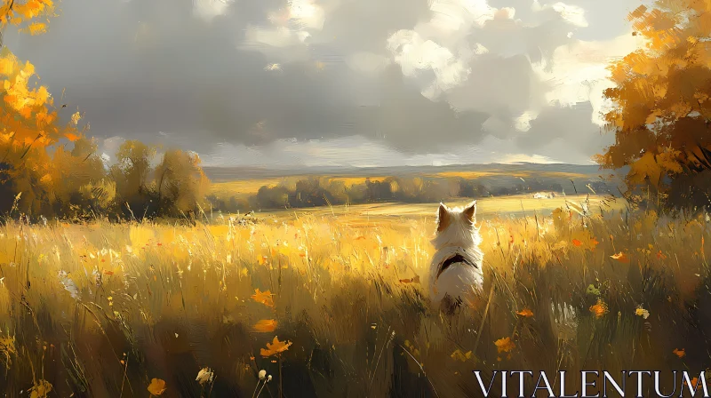 Autumn Field with Dog and Dramatic Sky AI Image