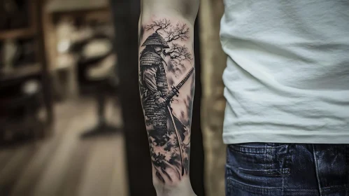 Monochrome Samurai Tattoo on Arm