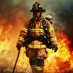 Heroic Firefighter in Action Amidst Flames