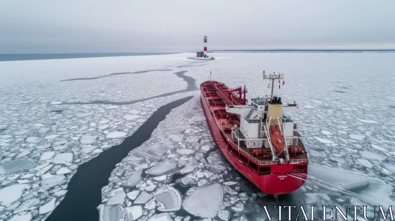 Captivating Image of a Ship Passing Through Ice Floes and a Red Lighthouse AI Image