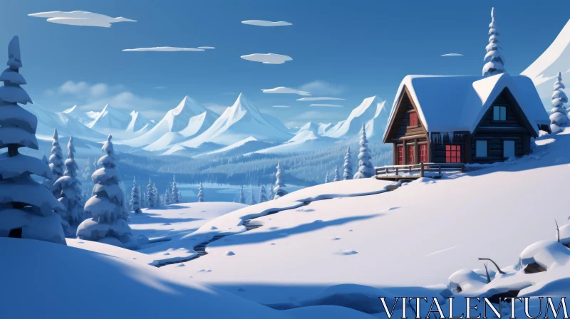 Cartoon Realism: Snowy Mountain Cottage AI Image