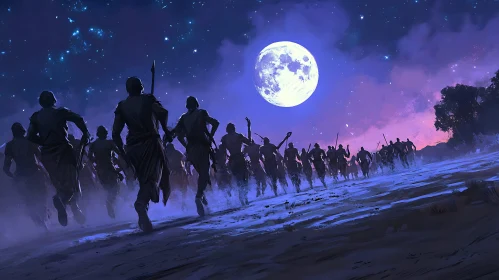 Silhouetted Warriors Running Under Moonlight