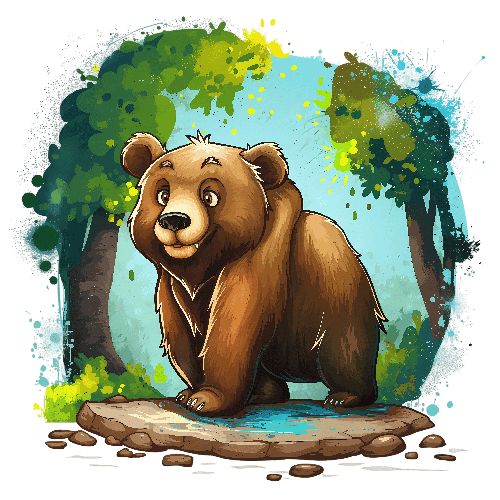 Cheerful Brown Bear Cartoon Illustration for Children's Media POD Design