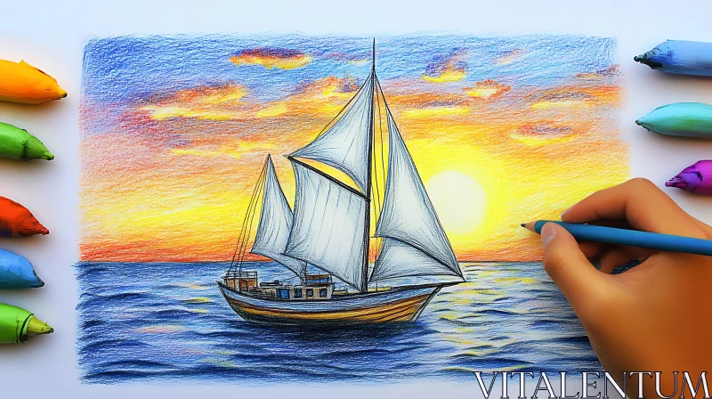 AI ART Ocean Sunset Sailboat Colored Pencil Art