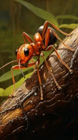 Detailed Illustration of an Orange Ant on a Branch