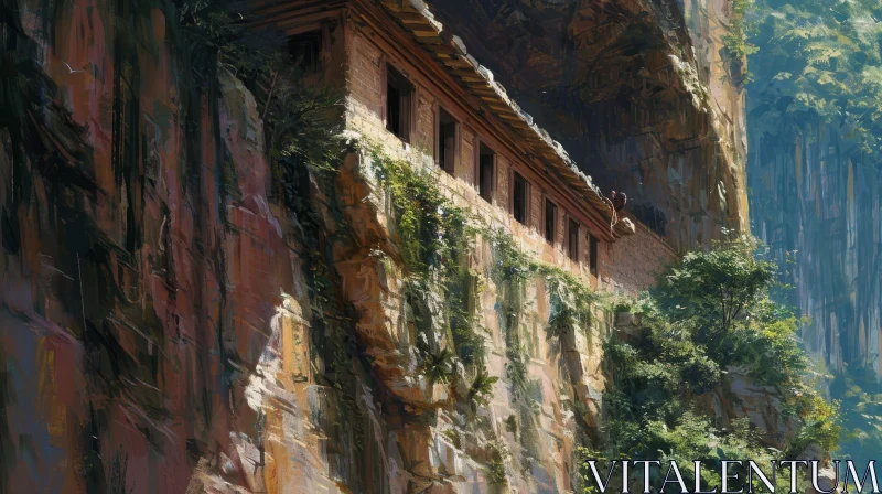 Digital Painting of a Temple or Monastery on a Cliff AI Image