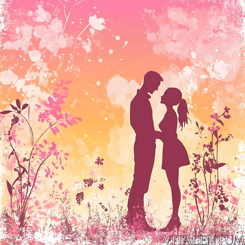 Floral Silhouette: Couple in Love AI Image