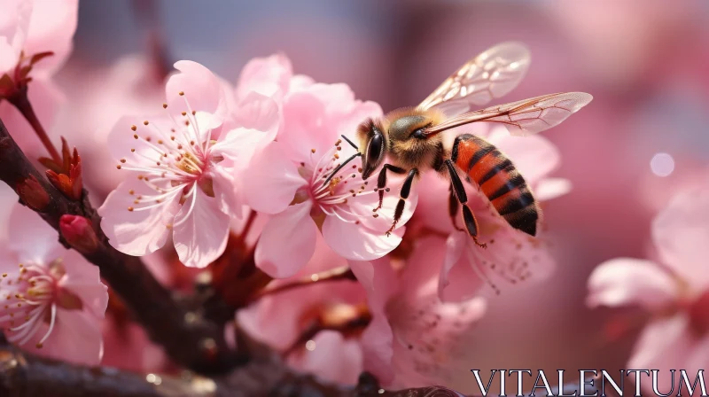 Honey Bee Collecting Pollen on a Pink Cherry Blossom AI Image