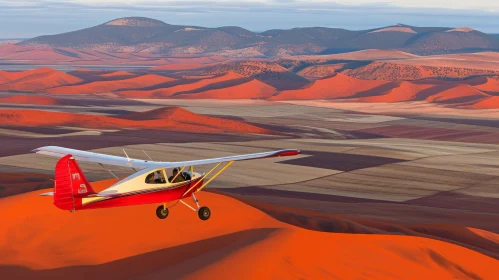 Red Airplane Soaring Over Vast Desert Dunes | African Landscape