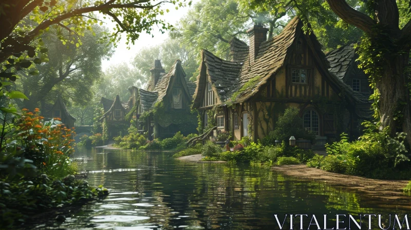Serene Landscape of a Charming Village with a River AI Image