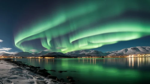 Spectacular Northern Lights over Snowy Mountains and Lake