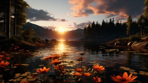 Sunset Over Lake with Orange Flowers - Unreal Engine 5 Landscape