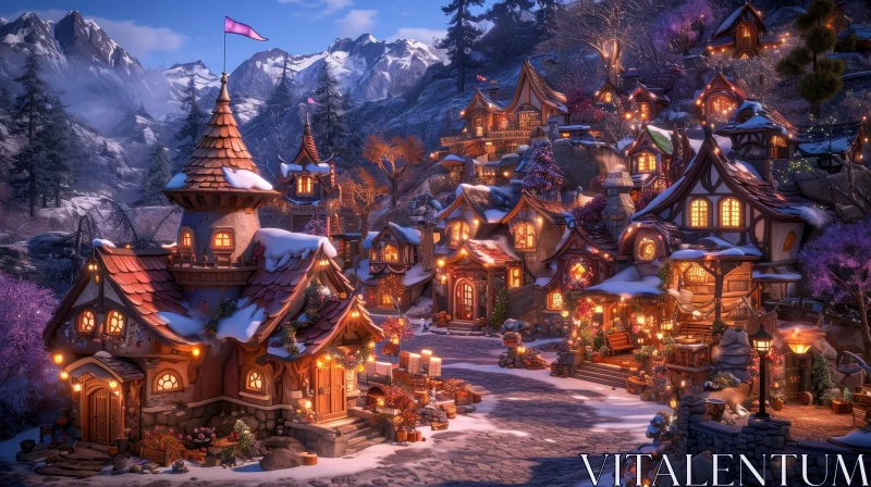 Winter Village Landscape in the Mountains - Serene and Peaceful AI Image